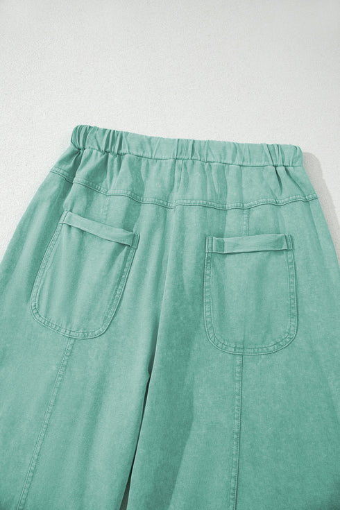 High Waist Mineral Wash Exposed Seam Drawstring Wide Leg Pants
